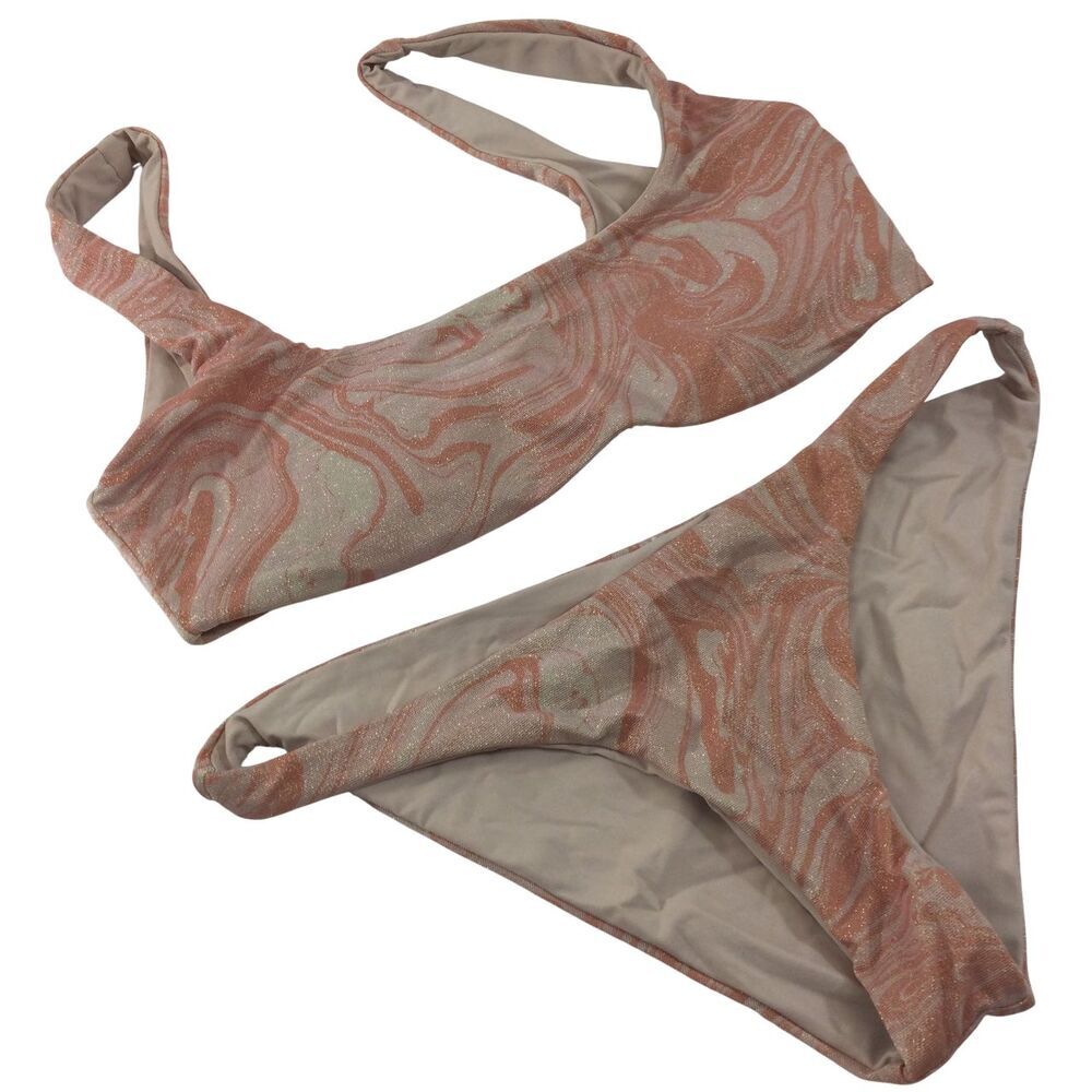 L*Space Lizzie Tie Dye Peach Pink Shimmer Camacho 2 Pc Bikini Top & Bottom Large